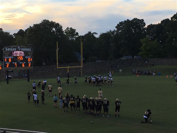 Broken Bow Memorial Stadium (Savage Stadium) - Old rock stadium surrounds old dirt style football field. (9/2/2019 - Credits: Charity O'Donnell)