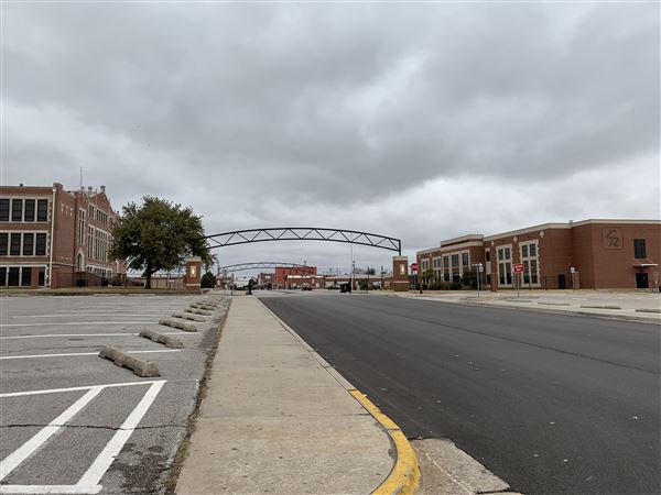 El Reno High School - View from Intersection of East Main and Watts - Main Campus Building on left (west) and Jeff Mills STEM Center Building on right (east) (10/30/2019 - Credits: Breanna Shellhorse (Intern))