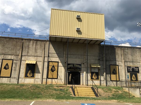 Broken Bow Memorial Stadium (Savage Stadium) - Old rock stadium surrounds old dirt style football field. (9/2/2019 - Credits: Charity O'Donnell)