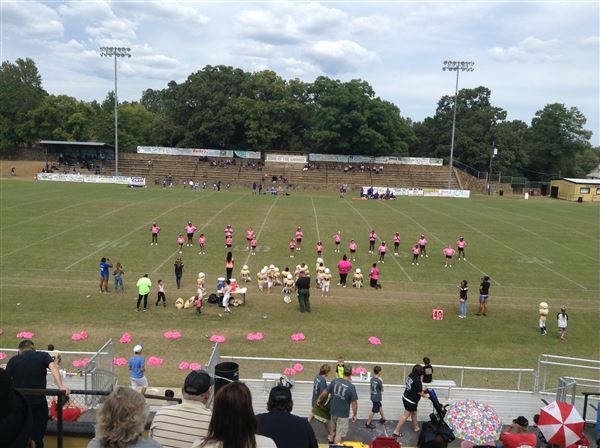 Broken Bow Memorial Stadium (Savage Stadium) - Old rock stadium surrounds old dirt style football field. (9/2/2019 - Credits: Charity O'Donnell)