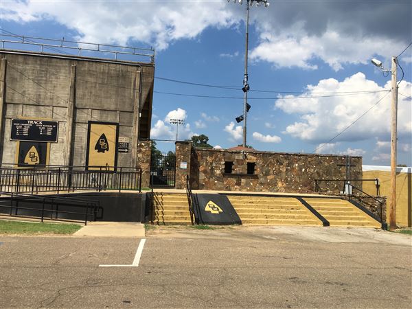 Broken Bow Memorial Stadium (Savage Stadium) - Old rock stadium surrounds old dirt style football field. (9/2/2019 - Credits: Charity O'Donnell)