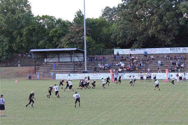 Broken Bow Memorial Stadium (Savage Stadium) - Old rock stadium surrounds old dirt style football field. (9/2/2019 - Credits: Charity O'Donnell)