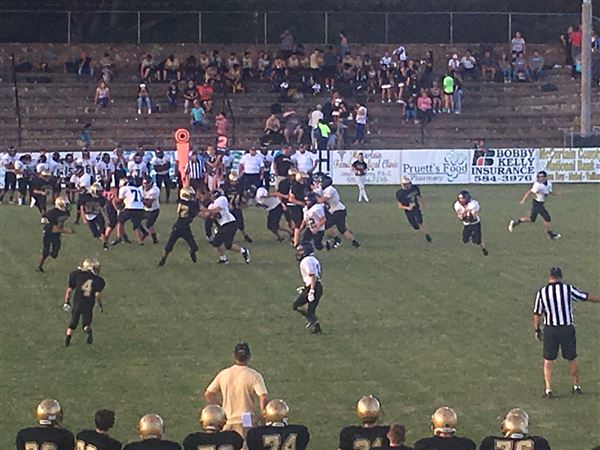 Broken Bow Memorial Stadium (Savage Stadium) - Old rock stadium surrounds old dirt style football field. (9/2/2019 - Credits: Charity O'Donnell)