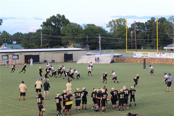Broken Bow Memorial Stadium (Savage Stadium) - Old rock stadium surrounds old dirt style football field. (9/2/2019 - Credits: Charity O'Donnell)