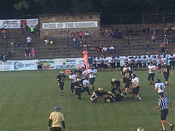Broken Bow Memorial Stadium (Savage Stadium) - Old rock stadium surrounds old dirt style football field. (9/2/2019 - Credits: Charity O'Donnell)